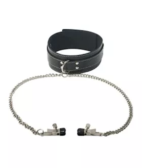 Strict Leather Collar with Nipple Clamps