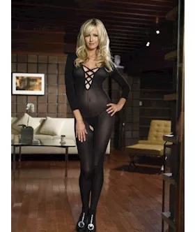 Sheer Long Sleeved Criss Cross Front Bodystocking With Open Crotch