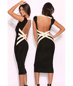 Black Bandage Crossed Back Party Midi Dress