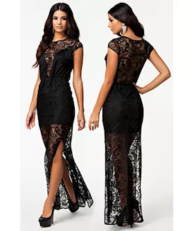 Black Fringe And Lace Evening Dress