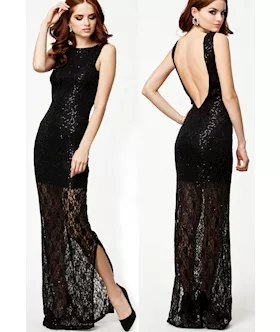 Black Lace Maxi Dress With Sequins