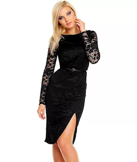 Black Lace Side Slit Vintage Dress With Belt
