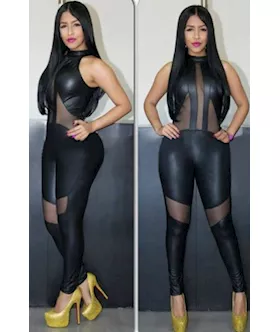 Black Mesh Cutout Leather Jumpsuit
