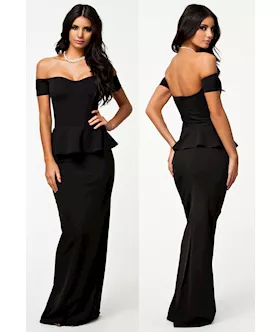 Black Peplum Maxi Dress With Drop Shoulder