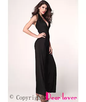 Black Plunging Neckline Jumpsuit With Wide Legs