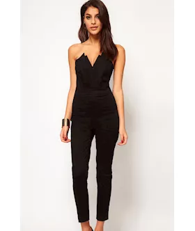 Black Sexy Jumpsuit With Pleated Bust Origami Detail