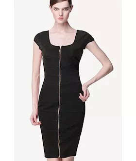 Black Square Neck Front-back Full-length Zip Bandage Dress