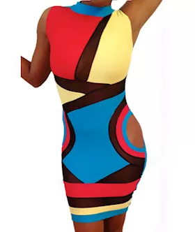 Bold Color Patchwork Cut-out Bodycon Dress