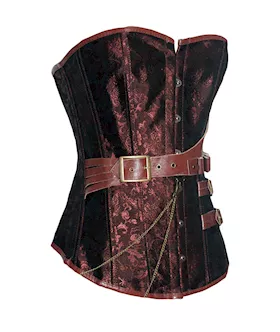 Brown Brocade Steampunk Boned Corset With Leather Strap