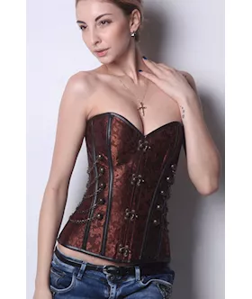 Brown Steampunk Boned Corset With Chain Stud Detail