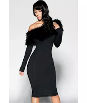 Fur Neckline Off Shoulder Evening Party Midi Dress