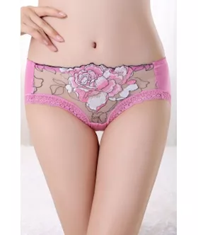 Pink Large Peony Embroidered Lace Trim Panties