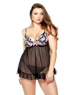 Pushup Floral Print Babydoll & G-string