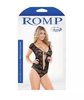 Stretch Floral Lace Romper With Tassel Ties & Snap Closure