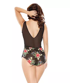 Stretch Mesh & Tropical Print Romper With Snap Closure