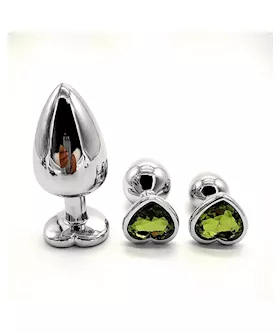 Chrome Butt Plug With Green Heart Shaped Jem