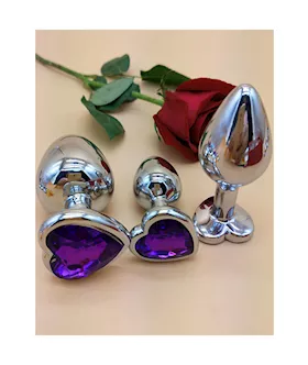 Chrome Butt Plug With Purple Heart Shaped Jem