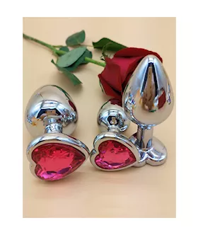 Chrome Butt Plug With Pink Heart Shaped Jem