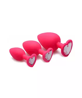 Pink Hearts 3 Piece Silicone Anal Plug Set With Gem Accents