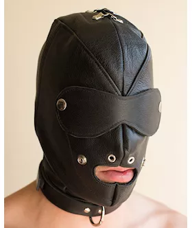 Premium Leather Hood with Gag Blindfold L
