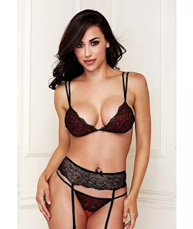 3 Piece Strappy Lace Bra Garter & Crotchless Thong Set