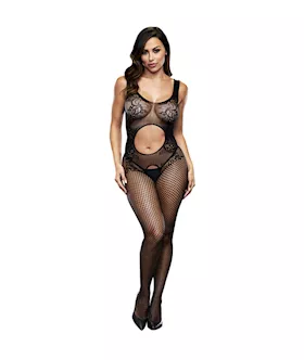 Open Front Crotchless Jacquard Bodystocking
