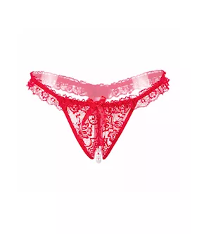Amore Crotchless Lace Thong With Stimulating Pearls