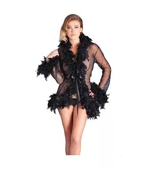 Knee Length Feather Robe with Ribbon Ties  OS