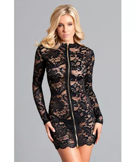 One Piece Front Zip Lace Mini Dress - Xl