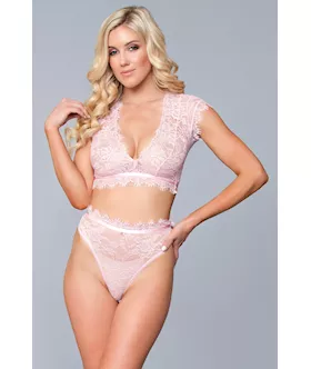 Two Piece Lace Eyelash Crop Bralette and High Waist Thong Set  XL