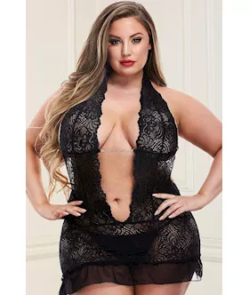 2 Piece Deep-v Lace Chemise And G-string Set