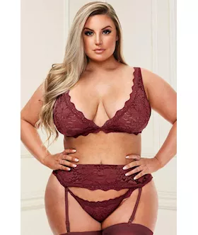 3 Piece Lacey Bra Garter Skirt and GString Set