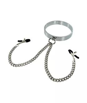 Chrome Slave Collar With Nipple Clamps Medium Large