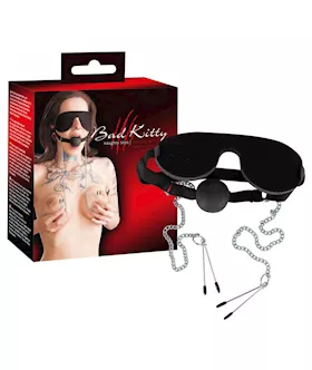 Mask With Ball Gag And Nipple Clamps