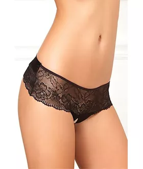 Crotchless Lace Thong With Back Bow In Black
