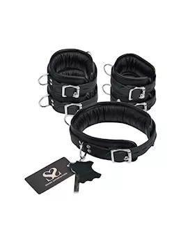 Bound X Padded Cuffs and Collar Set with Silver Hardware