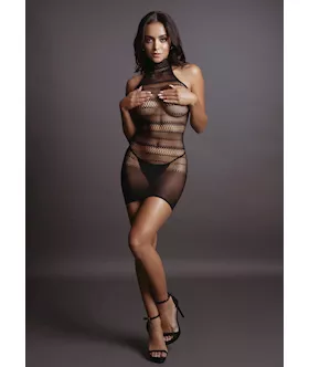 High Lace Neck Net Mini Dress 