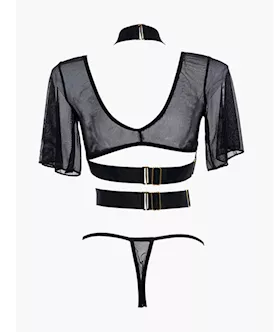 Adore Dreamer Sheer Mesh Strappy Top & Thong Black O/s