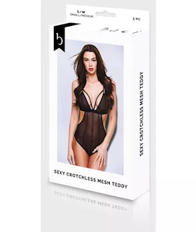 Baci Sexy Crotchless Mesh Teddy - Black - S/m Bx