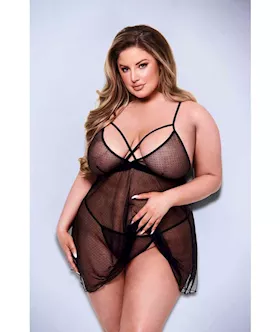 Baci 2pc Strappy Lace & Mesh Babydoll & G-string Set - Q Bx