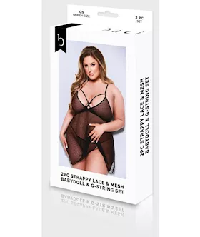 Baci 2pc Strappy Lace & Mesh Babydoll & G-string Set - Q Bx
