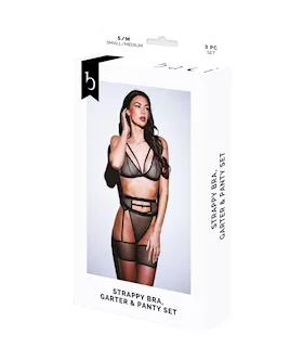 Baci 3pc Strappy Bra, Garter & Panty Set-blk-s/m Bx