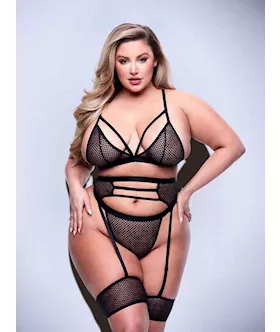 Baci 3pc Strappy Bra Garter  Panty SetBLK  Q BX