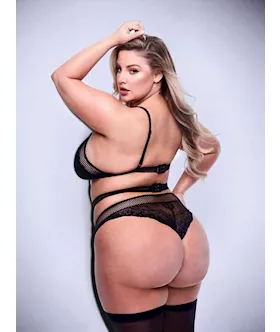 Baci 3pc Lace & Mesh Bra, Garter & Panty Set-blk- Q Bx