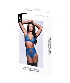 Baci 3pc Lace & Mesh Bra, Garter & Panty Set-blu-s/m Bx