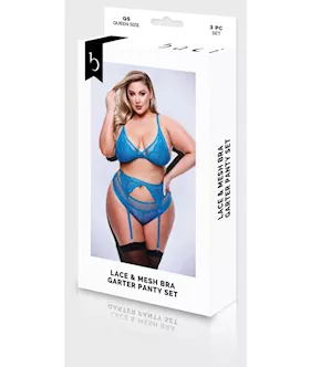 Baci 3pc Lace & Mesh Bra, Garter & Panty Set-blu-q Bx