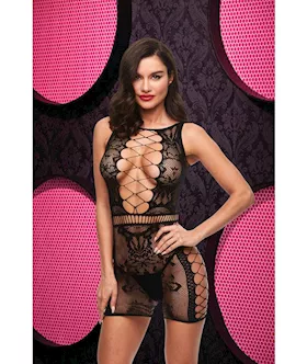 Sexy Fishnet and Lace Mini Dress  Black ENV