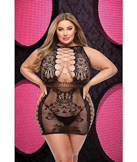 Sexy Fishnet And Lace Mini Dress - Black - Queen Size  Env