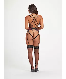 Nothing But Net Guipure Lace And Fishnet Teddy Stm-11456-black/wine-l