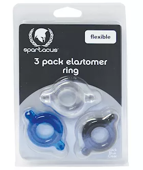 Spartacus Elastomer Cock Ring Set - Black, Blue & Clear Pack Of 3